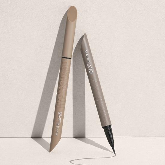 Maybelline New York Hyper Sharp Pen Eyeliner in Brown Black, ultra-slim 0.01mm tip, showcasing five vibrant colors for precise application.