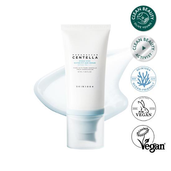 Skin1004 Madagascar Centella Hyalu-Cica Waterfit Sun Serum 50ml - K-Beauty skincare product for sun care, featuring soothing centella and hydrating hyaluronic acid.