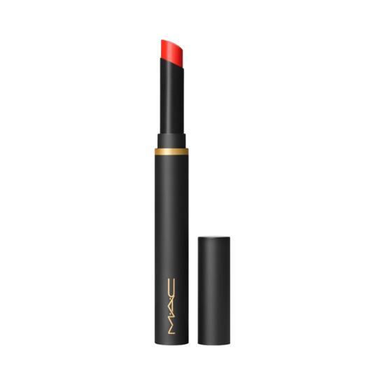 Alt text: MAC Powder Kiss Velvet Blur Slim Stick Lipstick in shade Mullet Over, showcasing a sleek design and rich color for a velvety finish.