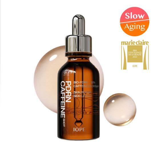 IOPE PDRN Caffeine Shot Ampoule 30ml - K-Beauty skincare essence for rejuvenating and energizing the skin.