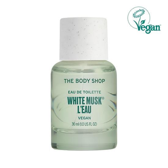 30ml bottle of The Body Shop White Musk Eau de Toilette, a vegan fragrance showcasing a delicate floral scent, perfect for personal care.