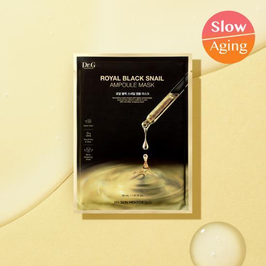 Dr. G Royal Black Snail Ampoule Mask - K-Beauty skincare mask for rejuvenating and hydrating skin, featuring one sheet packaging.