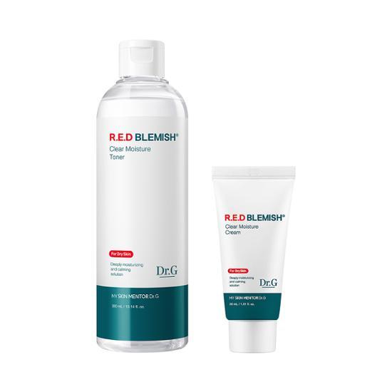 Dr.G Red Blemish Clear Moisture Toner Set featuring a 300ml toner and 30ml cream, designed for skincare enthusiasts seeking K-Beauty solutions for blemish control.