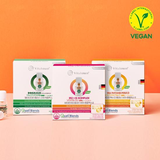 Vitabaum Multivitamin supplement bottles in a variety of options: Multivitamin, Vitamin B Complex, or Max D, featuring 30 bottles for a complete daily nutrient boost.
