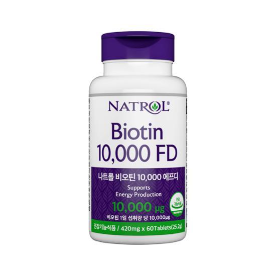 Natrol Biotin 10,000 mcg supplement, 60 tablets, two-month supply, promoting healthy hair, skin, and nails.