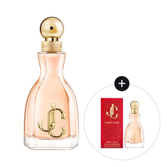 Jimmy Choo I Want Choo EDP 60ml set featuring a full-size fragrance and a bonus 4.5ml miniature, elegantly packaged for beauty enthusiasts.