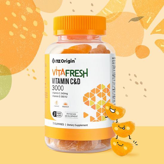 Enjet Origin VitaFresh Tangerine Jelly Vitamins C&D 3000 - 70 Gummies in colorful packaging, providing a 24-day supply of essential vitamins.