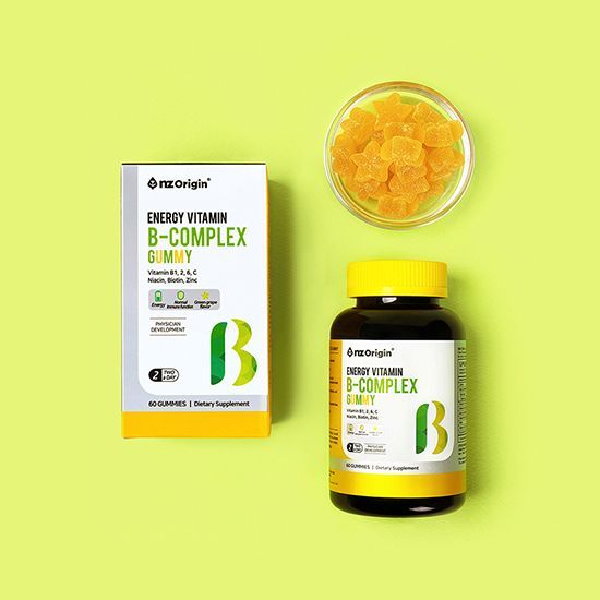 Enjet Origin Energy Vitamin B-Complex Gummies in green grape flavor, featuring a 30-day supply of 60 gummies, each containing 3,000mg.