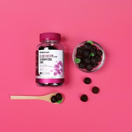 Enjet Origin Elderberry Flavor Vitamin C&D with Zinc gummies, 3,000mg, 70 count, in a colorful bottle showcasing a 35-day supply.