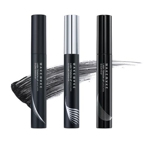 Wake Make Lash Tension Up Mascara 1+1 Set featuring lengthening and volume benefits for a clean finish, showcasing the 01 Long Tension Up variant.