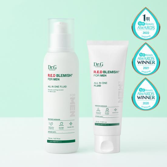 Dr.G Red Blemish For Men All-in-One Fluid set featuring 150ml and 75ml bottles, ideal for skincare and moisturization, part of K-Beauty collection.