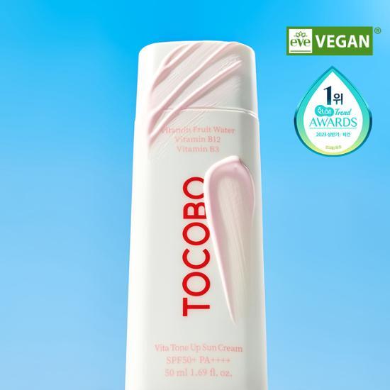 Tokobo Vita Tone-Up Sunscreen 50mL SPF50+ PA++++ for effective sun protection and skin brightening, part of K-Beauty skincare line.