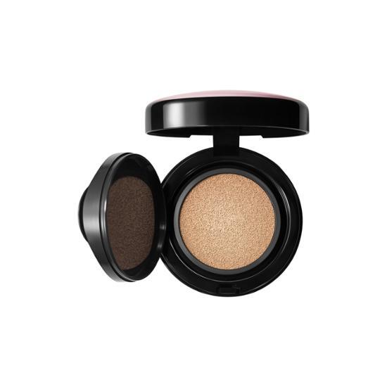 MAC Lightful C3 Quick Finish Cushion in Extra Light shade, showcasing a sleek compact with a cushion applicator for a radiant finish.