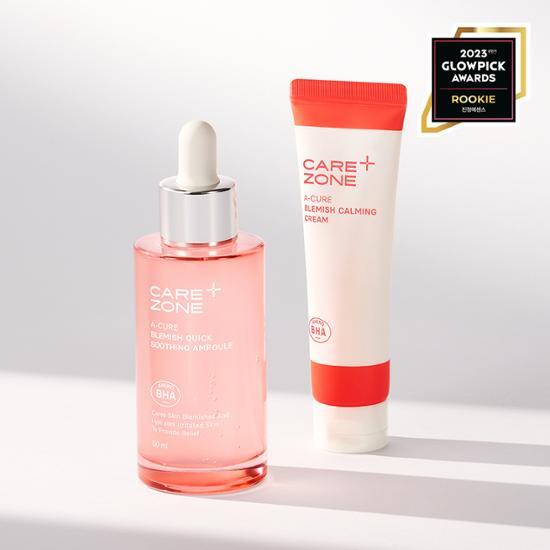 Care Zone Acure Blemish Quick Soothing Ampoule 50ml set with cream 31ml, featuring K-Beauty skincare essentials for blemish care.