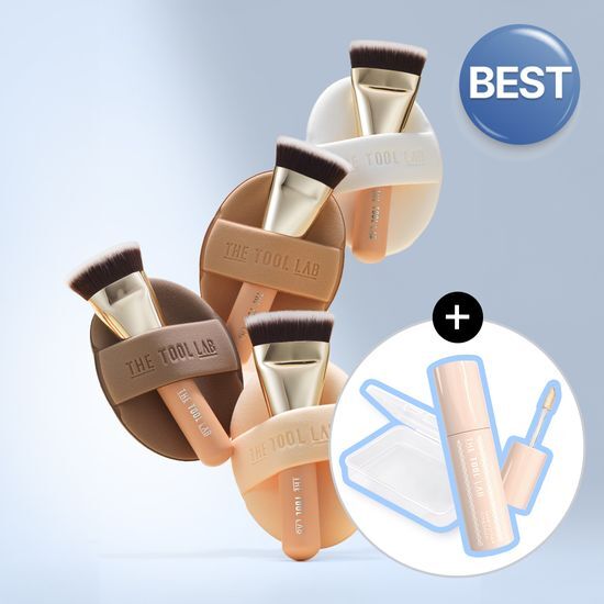 Alt text: The Tool Lab Ultra-Fit Duo Special Edition Soft Puff & Brush Set in various finishes (Moist, Cover, Matte, Airy) for flawless makeup application.
