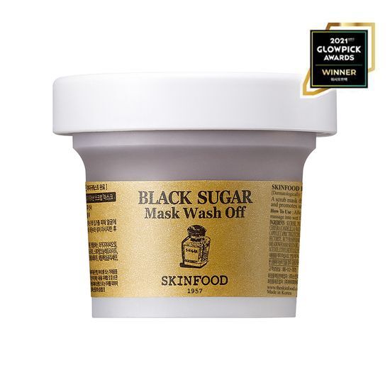 Skinfood Black Sugar Wash-Off Mask 120g - K-Beauty exfoliating skincare product in a clear jar, designed for rejuvenating and nourishing the skin.