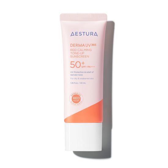 Image of Astra Derma UV365 Red Calming Tone-Up Sunscreen 40ml, a K-Beauty skincare product designed for sun care, featuring a sleek red packaging.