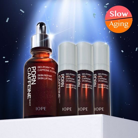 IOPE PDRN Caffeine Shot 30ml skincare set featuring a main 30ml product and three additional 5ml gifts, ideal for K-Beauty enthusiasts.