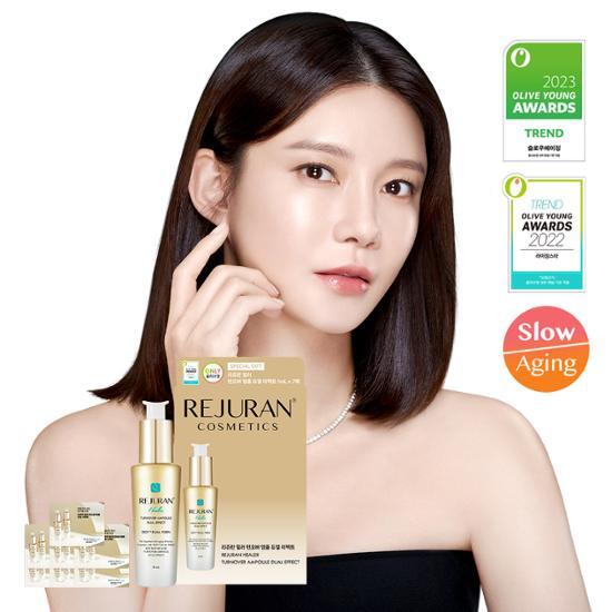 Rejuran Healer Turnover Ampoule Dual Effect 30ml with 7ml gift set, featuring Korean skincare essence and serum for rejuvenating skin.
