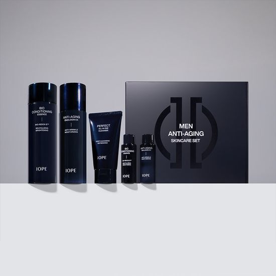 IOPE Men’s 2-Piece Skincare Set featuring Essence 145ml and Emulsion 120ml, includes a complimentary 3-piece miniature set, ideal for moisturizing and enhancing men's skincare routine.