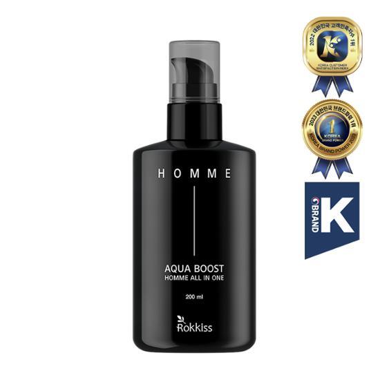 Rockies Aqua Boost Homme All-in-One 200ml skincare product for men, featuring moisturizing properties, K-Beauty formulation.