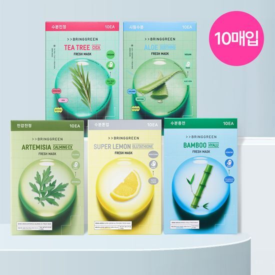 Alt text: Bring Green Fresh Mask 10-Pack featuring 5 variety skincare masks, perfect for K-Beauty enthusiasts, showcasing vibrant packaging in a stylish arrangement.