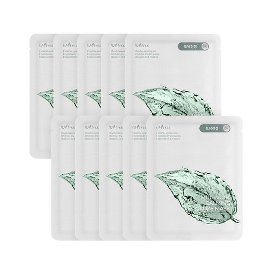 Isntree Mugwort Calming Gauze Mask - Pack of 10 sheets, designed for soothing skincare, part of K-Beauty routine.
