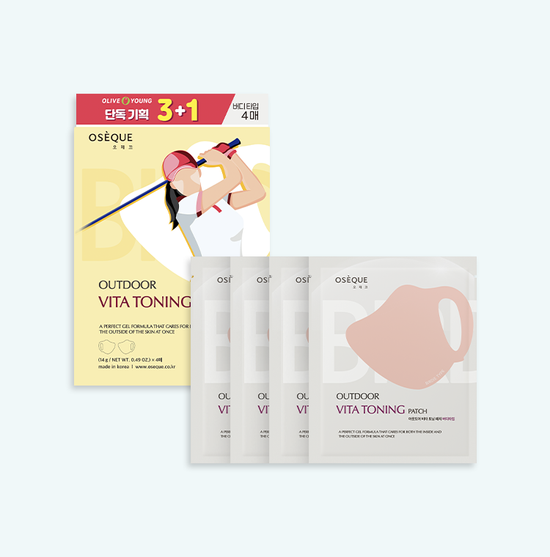 Set of 4 Ozeck Outdoor Vita Toning Patch Buddy skincare products, including 3 patches and 1 free, designed for sun care and K-Beauty enthusiasts.