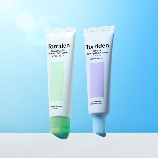 Alt text: Torriden Tone-Up Sunscreen in Dive In Purple, a K-Beauty skincare product for sun care, promoting an even skin tone and protection from UV rays.