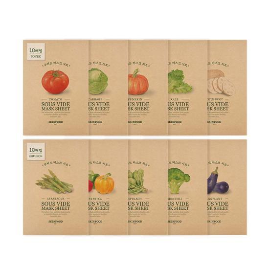 Skin Food Sous Vide Mask Sheet - Moisturizing Vitality with Spinach, 10 sheets pack, K-Beauty skincare mask for enhanced hydration.