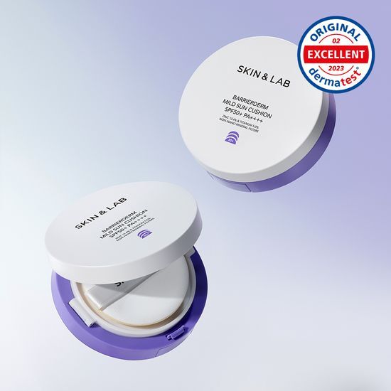 Skin & Lab Barrier Derm Mild Sun Cushion 15g with 15g refill, a K-Beauty skincare product for sun protection.