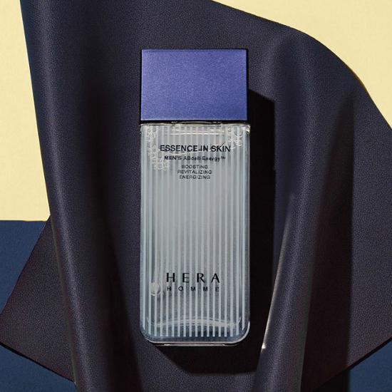 125ML bottle of Hera Homme Essence In Skin, a K-Beauty skincare toner designed for men, featuring sleek packaging and hydrating properties.