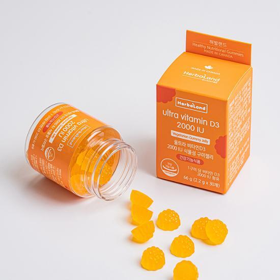 Herbaland Ultra Vitamin D3 2000 IU Plant-Based Gummy - 30 count, one month supply, featuring a colorful gummy design for healthy living.
