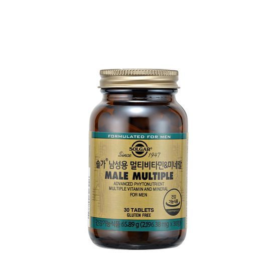 Solgar Men's Multivitamin & Mineral tablets in a 30-tablet bottle, designed for a one-month supply of essential nutrients for men.