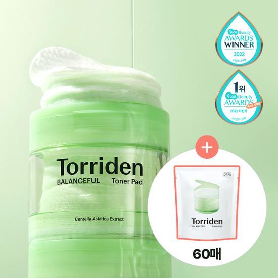 60 sheets of Torriden Balanceful Cica Toner Pads refill set for skincare, featuring soothing K-Beauty ingredients, ideal for personal care.
