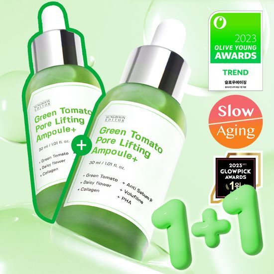 Green Tomato Pore Ampoule 30ml - K-Beauty skincare serum in a 1+1 double offer, ideal for minimizing pores and enhancing skin texture.