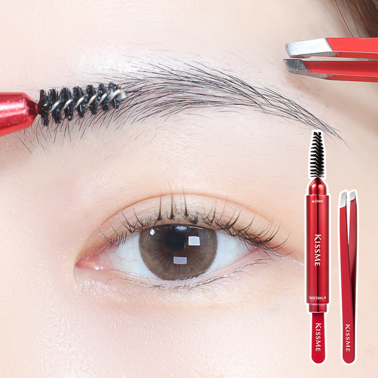 Close-up of the Kiss Me Eyebrow Comb and Tweezer Kit, featuring precision tweezers and a sleek comb, perfect for eyebrow grooming and shaping. Ideal beauty tool for K-Beauty enthusiasts.