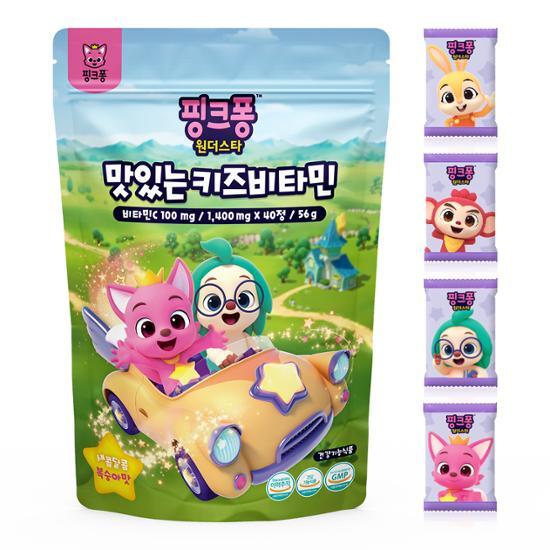 Packaging of Atex Pinkfong Delicious Kids Vitamin C with 40 tablets, designed for an 8-day supply, featuring colorful graphics appealing to children.