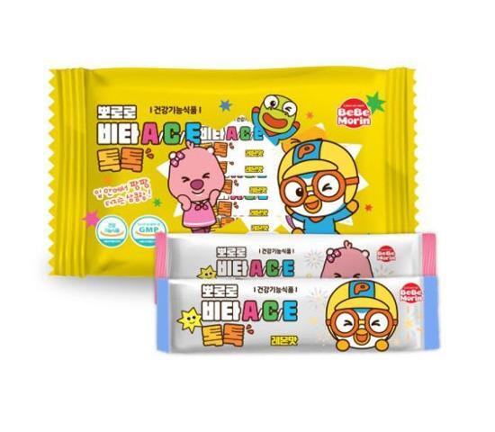 Alt text: Pororo Vita Ace Tock Tock dietary supplement, 1.7g packets, 10 packs in a colorful box, promoting health and wellness by Taeyang Living Health.
