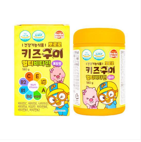 Pororo Kids Gummy Multivitamins in Grape Flavor, 180g bottle, 30-day supply, promoting children's health and wellness.