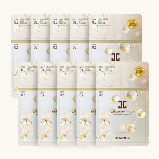 JAYJUN Collagen Skin Fit Firming Mask Pack featuring 10 sheets for skincare, ideal for K-Beauty enthusiasts.