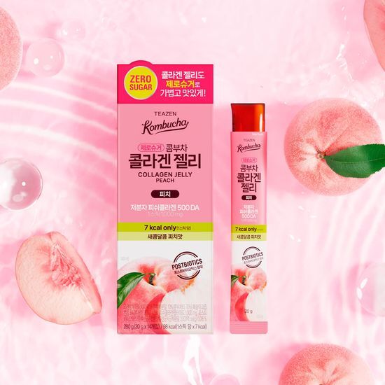 Packaging of Tigen Kombucha Collagen Jelly in Peach flavor, featuring 14 sachets for a 14-day supply.
