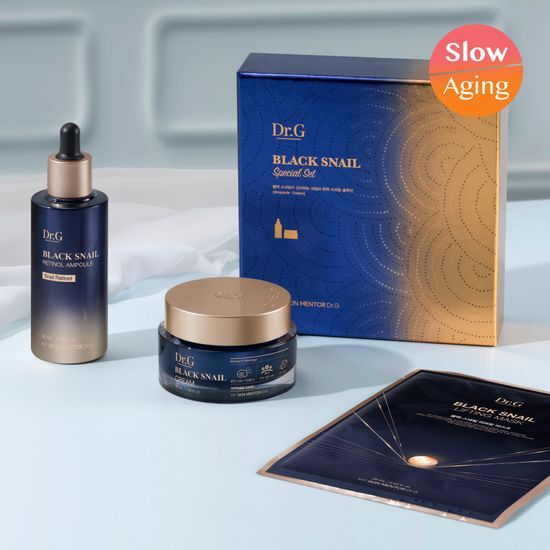 Dr.G Black Snail Special Set including 50ml Cream, 50ml Ampoule, and 1 Sheet Mask for moisturizing skincare.