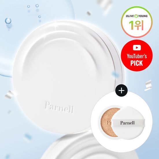 Panel Cica Manou Serum Cushion Set featuring a main product and refill in size 23, ideal for a flawless complexion. Includes Parnell branding.