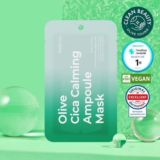 Prime Aime Olive Cica Calming Ampoule Mask - K-Beauty skincare mask for soothing and calming the skin, featuring olive cica ingredients.