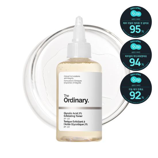 100ml bottle of The Ordinary Glycolic Acid 7% Exfoliating Toner, a skincare product designed for gentle exfoliation and improved skin texture.