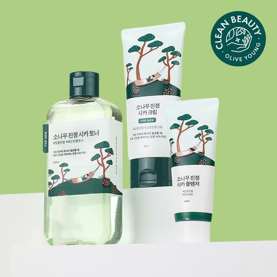 Round Lab For Men Pine Calming Toner and Cream Set with 40ml Cleanser - K-Beauty Skincare Essentials for Moisturizing and Calming