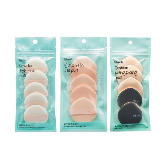 Set of 5 Pillimilli Cushion Puffs for makeup application, including cushion, powder, and smooth fit types, designed for K-Beauty enthusiasts.