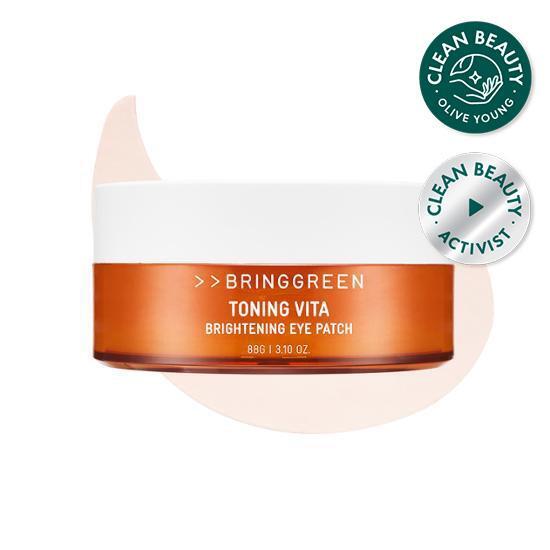 Bring Green Toning Vita Brightening Eye Patches - 60 sheets of K-Beauty skincare masks for revitalizing and brightening the under-eye area.