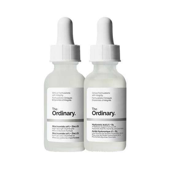 Product image of The Ordinary Skin Support Set featuring Niacinamide 10% + Zinc 1% and Hyaluronic Acid 2% + B5, both 30ml bottles, designed for skincare and moisturizing.